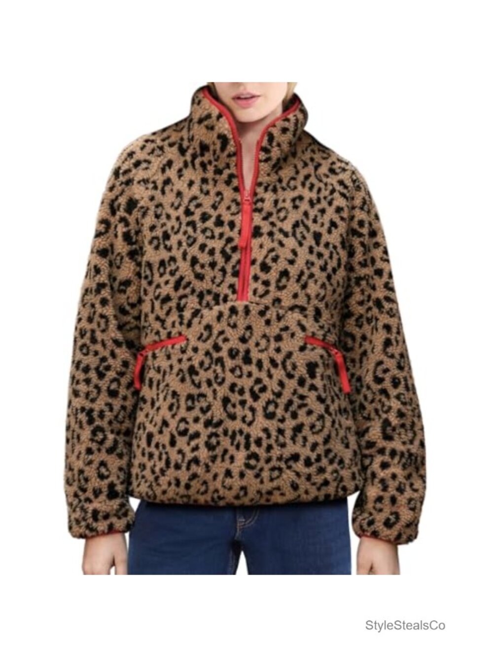 Women Long Sleeve Sherpa Half Zip Fleece Pullover Teddy Jacket